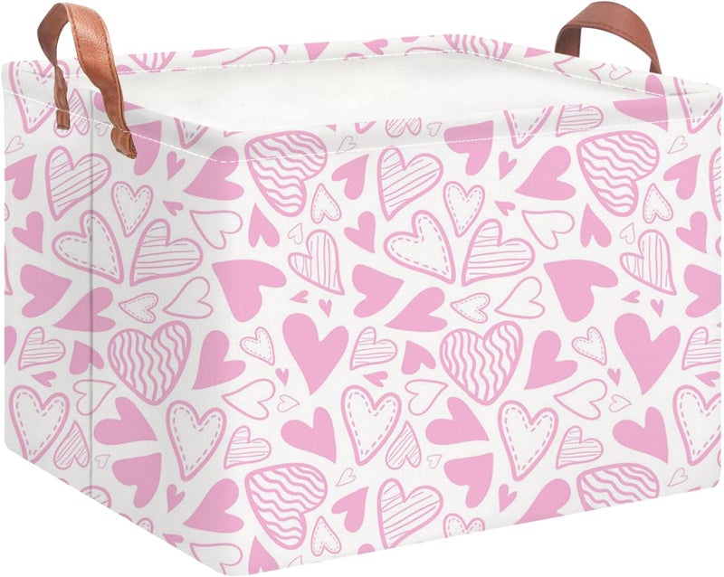 NTAOHAMPER Rectangular Pink Basket Empty, Fabric Storage Basket with Handles, Books Box,Lovely Storage Bin,Room Decor,Gift Basket for Girls(Pink Heart) - Image 1
